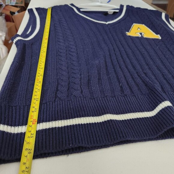 H&M Divided Sweater Vest Womens XL Navy Blue Cable Knit V-Neck Varsity A Patch - Picture 7 of 12